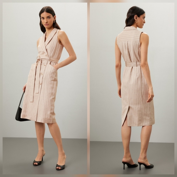 Reiss Dresses & Skirts - Reiss Andie Neutral Striped Linen Casual Dress Sleeveless V-neck Size 6